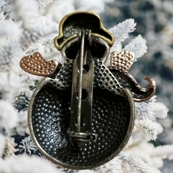 Three Tone Metal Silver Copper And Gold Snowman Pin/Brooch 1 1/2" Tall - Picture 3 of 4